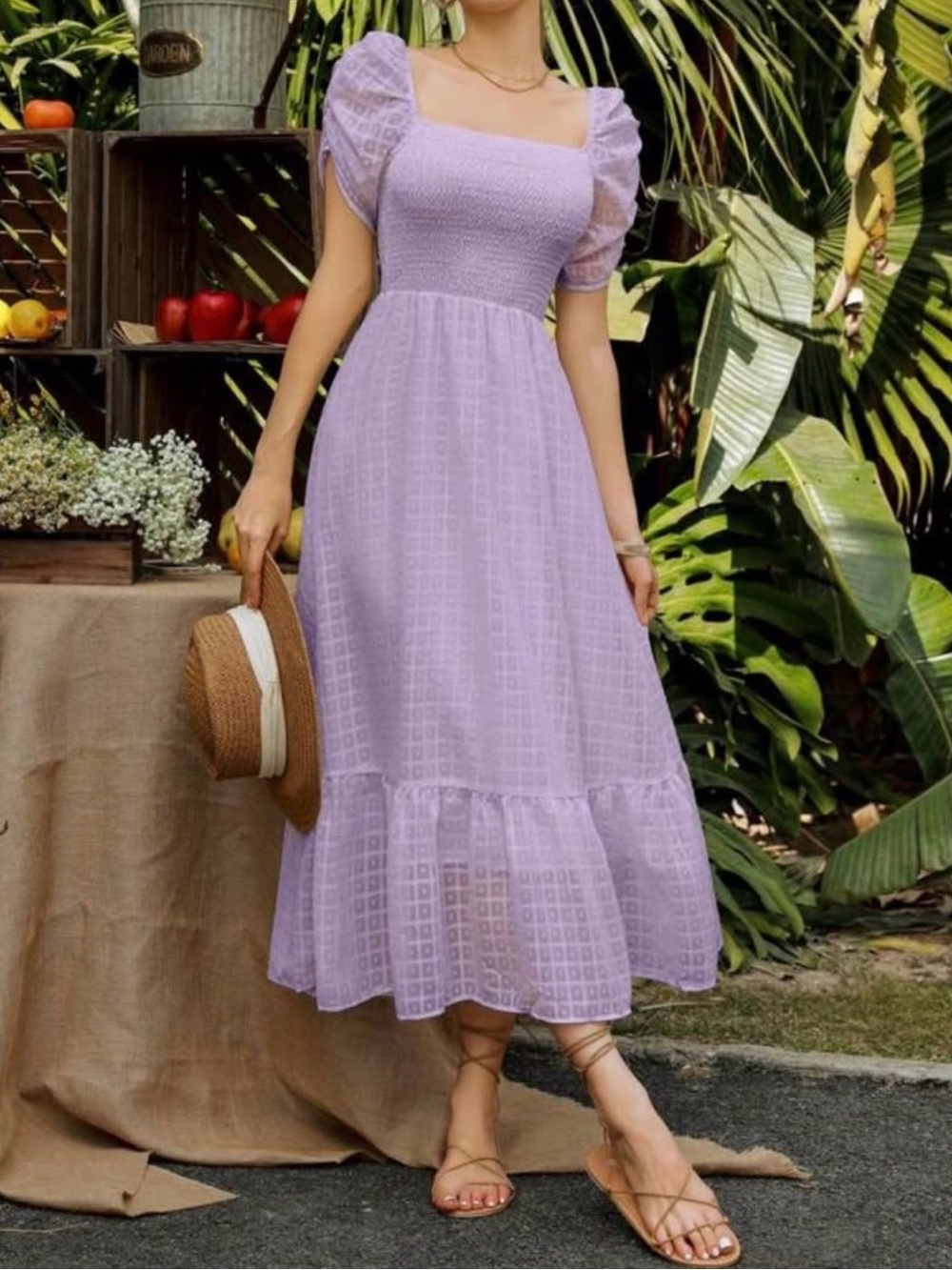 Lilac Smocked Maxi Dress with Puff Sleeves